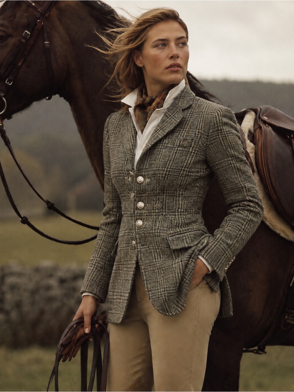 90’s Ralph Lauren Women's Green Plaid Wool Tailored Equestrian Style Blazer